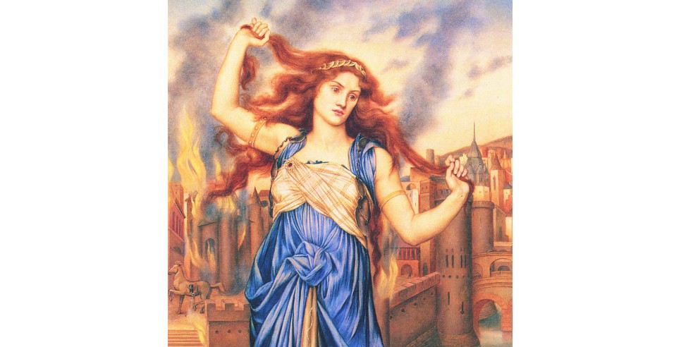 Casandra, going mad, as Troy burns behind her. Painting by Evelyn De Morgan (1855-1919)